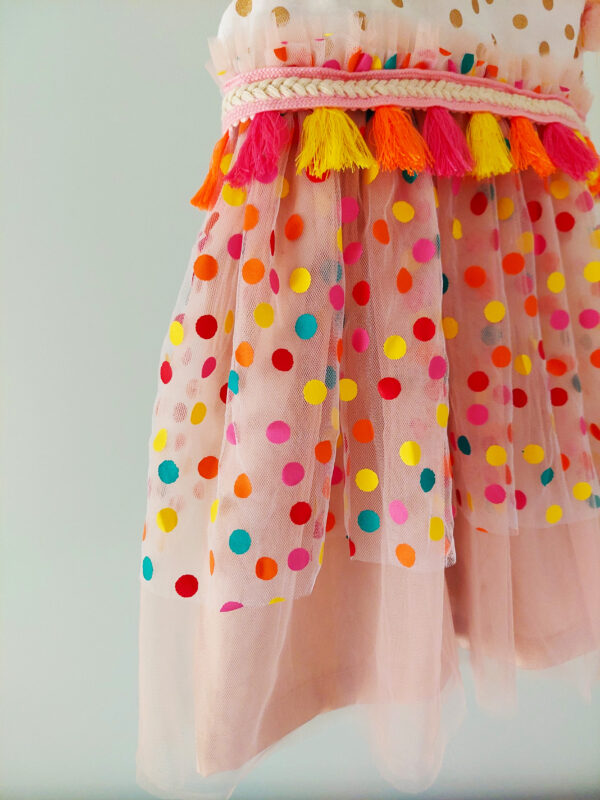 a close up of the lower part of a bright colour confetti spotted children's birthday party dress. This dress is handmade in New Zealand