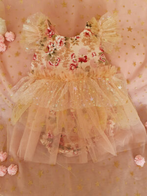 Front of a of a floral event dress for children perfect for special occasions such as wedding, birthdays or family photos.