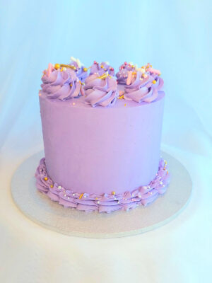 Custom celebration cake with three layers, finished in coloured Swiss meringue buttercream, piped decorations and sprinkles. Made in Cambridge, New Zealand.