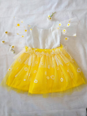 Yellow and white children’s occasion dress with daisy tulle skirt and shoulder details